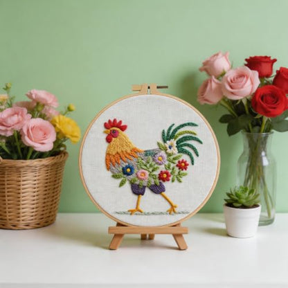Herdiese Embroidery Kit for Beginners, Rooster Flower Set with Hoop - color: Chicken