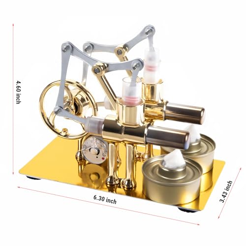 MagicTech Hot Air Stirling Engine Double Cylinder Electricity Power Metal Physics Assembly Model Golden JY38 - size: 6.3 x 3.43 x 4.6 Inch