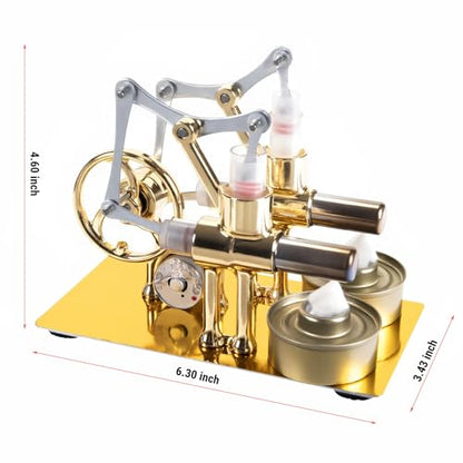 MagicTech Hot Air Stirling Engine Double Cylinder Electricity Power Metal Physics Assembly Model Golden JY38 - size: 6.3 x 3.43 x 4.6 Inch