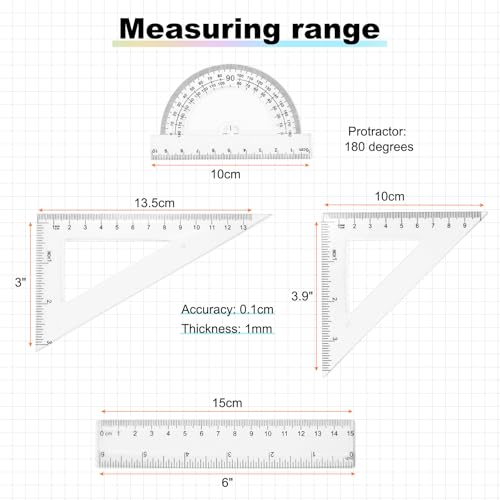 HARFINGTON 4pcs Triangular Ruler Set 15cm Plastic Metric Inch Geometric Protractor Triangle Engineering Scale Drafting Ruler Kit for Office Home - size: 15cm
