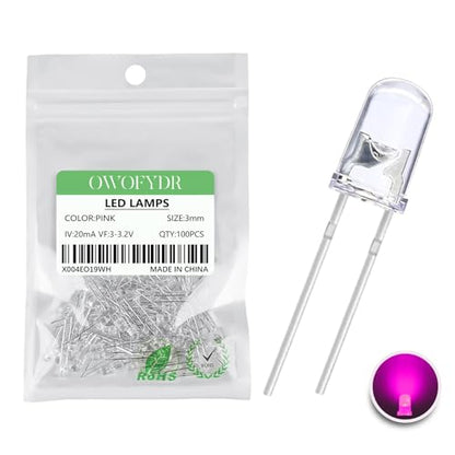 100PCS 3mm Pink LED Diodes, Clear Lens, Through-Hole - color: (Transparent) PINK, size: 3MM