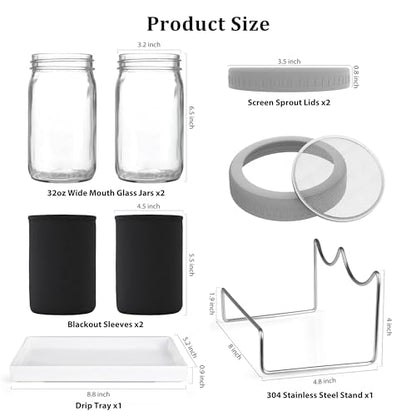 Organic Seed Sprouting Jar Kit – 2 × 32 oz Wide-Mouth Mason Jars with Stainless-Steel Sprouter Lids & Stand, Blackout Sleeves, Drain Tray – Grow Broccoli, Alfalfa & Bean Microgreens - color: Gray