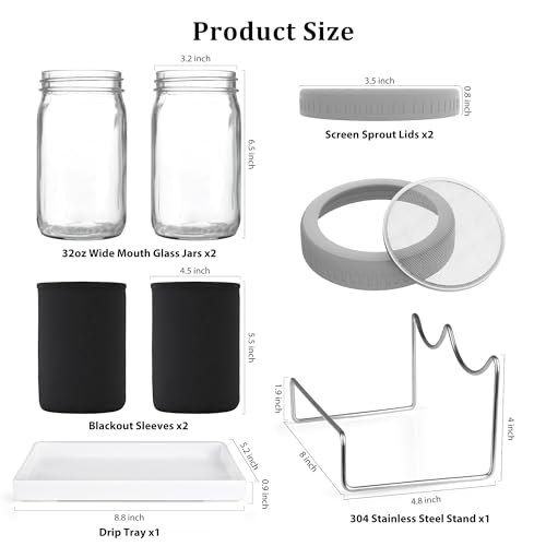 Organic Seed Sprouting Jar Kit – 2 × 32 oz Wide-Mouth Mason Jars with Stainless-Steel Sprouter Lids & Stand, Blackout Sleeves, Drain Tray – Grow Broccoli, Alfalfa & Bean Microgreens - color: Gray