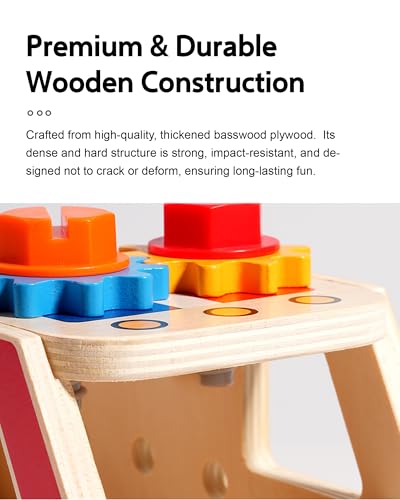 33-Piece Wooden Tool Set for Toddlers, Fire Truck Toolbox & Workbench Montessori Toys for 3-6 Year Olds, STEM Educational Pretend Play Tools, Construction Learning Gift for Boys Girls