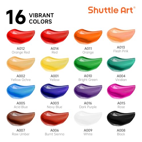 Shuttle Art Acrylic Paint Set, 16 x12ml Tubes Artist Quality Non Toxic Rich Pigments Colors Great for Kids Adults Professional Painting on Canvas Wood Clay Fabric Ceramic Crafts