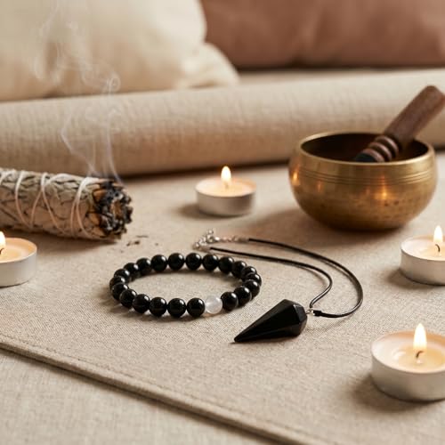 Black Obsidian Pendant & Bracelet Set - color: Black