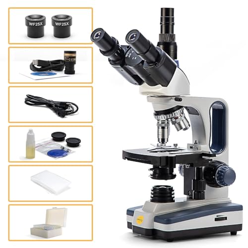 Swift SW350T Compound Trinocular Microscope,40X-2500X Magnification,Two-Layer Mechanical Stage,with 5.0 mp Camera and Software Windows/Mac Compatible and 5 PCS Prepared Slides and 5 PCS Blank Slides - style: SW350T-EC5R-5PBC