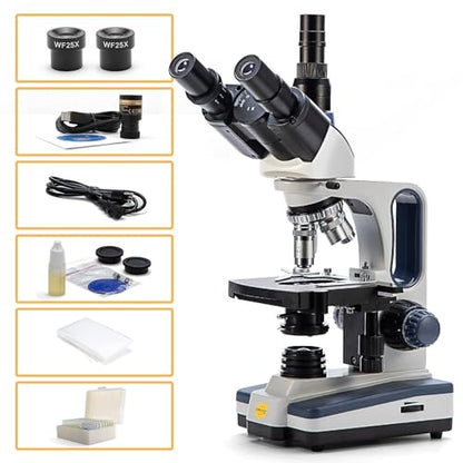 Swift SW350T Compound Trinocular Microscope,40X-2500X Magnification,Two-Layer Mechanical Stage,with 5.0 mp Camera and Software Windows/Mac Compatible and 5 PCS Prepared Slides and 5 PCS Blank Slides - style: SW350T-EC5R-5PBC