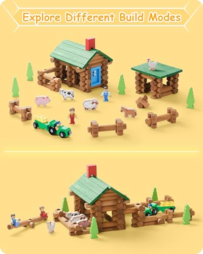 SainSmart Jr. Wooden Logs Set with Container - Classic Building Logs Ages 3+ - Best Retro Building Gift Set for Boys - Creative Construction Engineering Educational Gifts - style: Bonus Storage Box - 122 Pcs