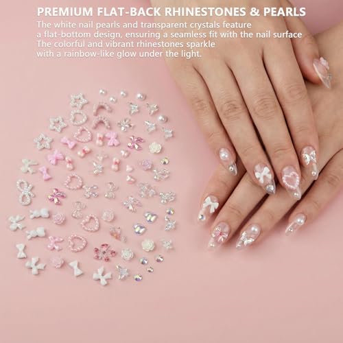 Nail Art Starter Kit with Metal Tweezers | 100Pcs Cute 3D Charms Like Bows, Butterflies, Chains & Stars | Gold & Silver Nail Rhinestones for Manicure, Junk Journaling