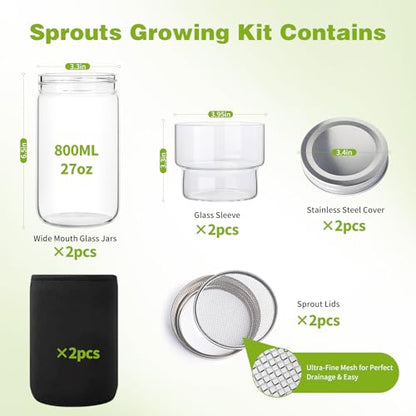 Sprouting Jar Kit, 2 Wide Mouth Sprouting Jar with Stainless Steel Screen Sprout Lids, Blackout Sleeves, Drain Cover, Sprouts Growing Kit for Broccoli, Mung Beans, Alfalfa & Microgreens
