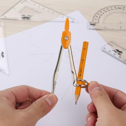 Mr. Pen- Geometry Set, 13 pcs, 3 Metal Compasses, Protractor, 6" Ruler | 45° & 30°/60° Set Squares, Pencils, Lead Refills, Sharpener & Eraser for Math, Drafting & Classroom Use - color: Orange