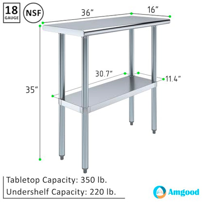 AmGood 16 in. x 36 in. Stainless Steel Work Table | Metal Kitchen Food Prep Table | NSF - size: 36 in. Long x 16 in. Deep without Wheels