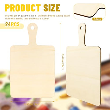 Vmiapxo 24 Pack Unfinished Wood Cutting Board Craft with Handle, Wooden Paddle Cheese Bread Board Set Chopping Board Serving Tray for Craft DIY Christmas Home Kitchen Cooking Decor (9.4" x 5.5") - size: 9.4" x 5.5"