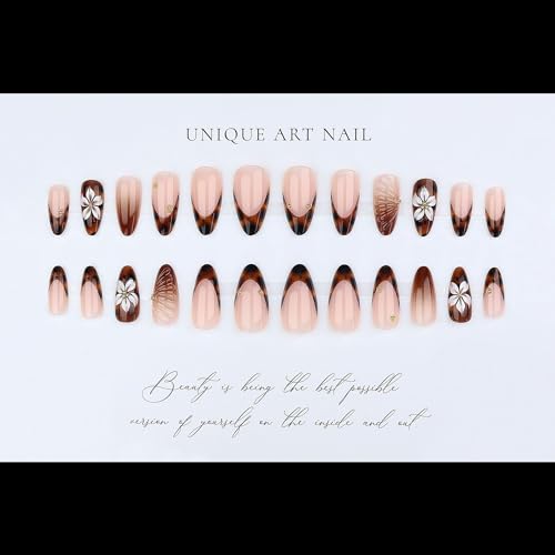 Almond Press on Nails Medium Brown Fake Nail3D Flowers Designs Acrylic Nail Press ons Stick on Nails for Women 24pcs - color: Brown