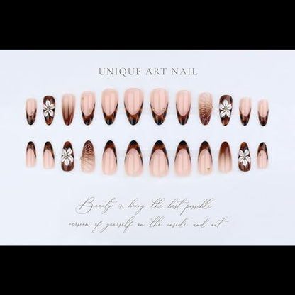 Almond Press on Nails Medium Brown Fake Nail3D Flowers Designs Acrylic Nail Press ons Stick on Nails for Women 24pcs - color: Brown
