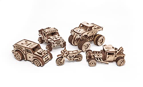 EWA Eco-Wood-Art Vehicles Set 5-in-1 Wooden 3D Puzzle, Mechanical 3D Puzzles for Adults, 364-Piece, with Wind-Up Rubber-Band Motors