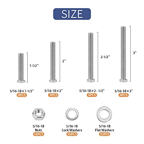 80PCS Bolts and Nuts 5/16-18 x1-1/2”, 2”, 2-1/2”, 3” Carbon Steel Hex Bolts and Nuts Set Hardware Screws Assortment Kit (4 Different Sizes) - size: 5/16-18 (80 Pcs)