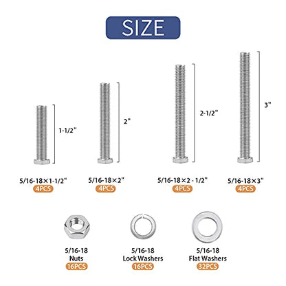 80PCS Bolts and Nuts 5/16-18 x1-1/2”, 2”, 2-1/2”, 3” Carbon Steel Hex Bolts and Nuts Set Hardware Screws Assortment Kit (4 Different Sizes) - size: 5/16-18 (80 Pcs)