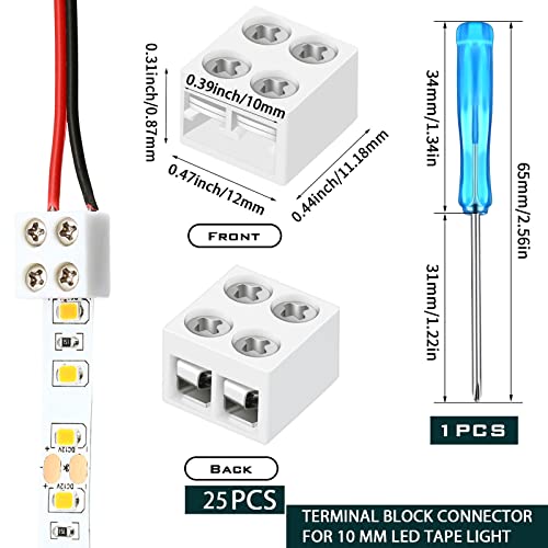 25 Pack Solderless White Led Tape Light Connectors Tighten Screw Terminal Blocks 2 Pin 10mm Connector with Screwdriver Wire to Strip Connector for 5v 12v 24v Monochrome LED Low - size: 10mm-25