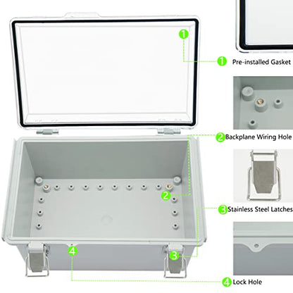 Zulkit Junction Box ABS Plastic Dustproof Waterproof IP67 Electrical Boxes Hinged Shell Outdoor Universal Project Enclosure Grey Clear Cover, Stainless Steel Buckles 11.4 x7.5 x 5.5 Inch - size: 11.4"x7.5"x5.5" TC k