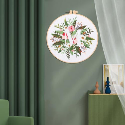 IUHUI Embroidery Kit for Beginners Adults - 26 Floral Letters Easy Patterns, DIY Hand Stitching Embroidery Set with Hoop (Flower and Grass Letter M) - color: Flower and Grass Letter M