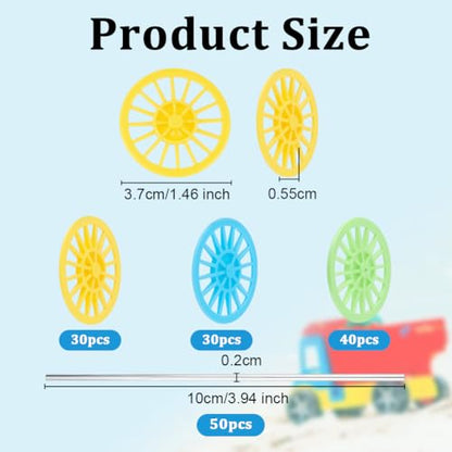 OLYCRAFT 100Pcs 3 Colors Plastic Project Wheels 1.5x0.2 Inch Shaft Round Rod Axles STEM Shaft Plastic Wheels and Steel Axles for DIY Projects Car Truck Boat Model Part Building Projects