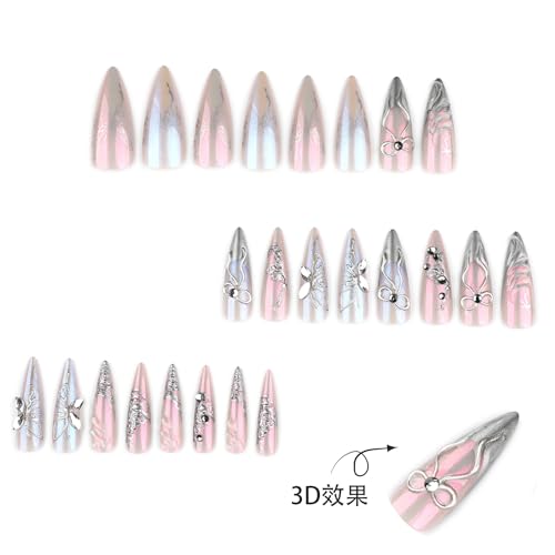 Stiletto Press on Nails Long Silver Fake NailSilver Glitter and Rhinestones Acrylic Nail Press ons Stick on Nails for Women 24pcs - color: Color19