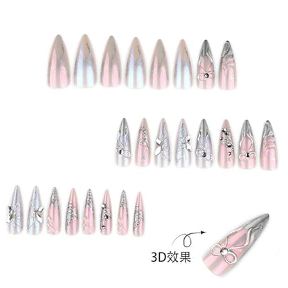 Stiletto Press on Nails Long Silver Fake NailSilver Glitter and Rhinestones Acrylic Nail Press ons Stick on Nails for Women 24pcs - color: Color19