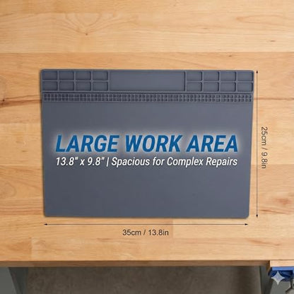 Non-Slip Watch Repair Mat with Parts Organizer - Anti-Static Rubber Work Pad for Jewelers & Watchmakers - Gray Maintenance Platform Table Mat with Screw Compartments (13.8" x 9.8")