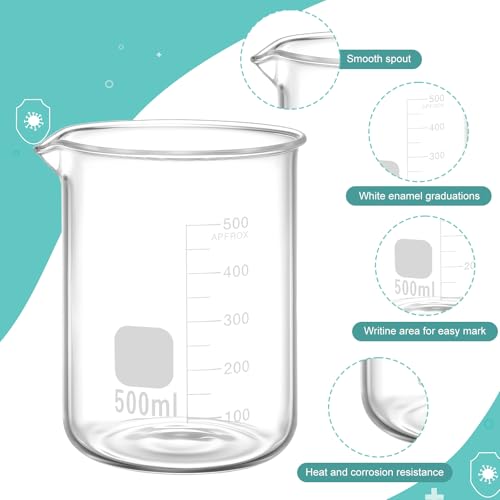 Jetec 5 Pieces Glass Beaker Set Lab Beaker with Stirring Rod, 4 Sizes of 50/100/250/500 ml Thick Borosilicate Glass Beakers for Back to School Science Lab Chemistry Supplies