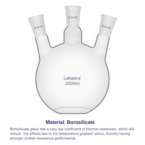 Labasics Borosilicate Glass 3 Neck Flat Bottom Boiling Flask with 24/40 Joints, for Lab Experiments, Distillation and Reflux Systems, 2000ml - size: 2000 ml
