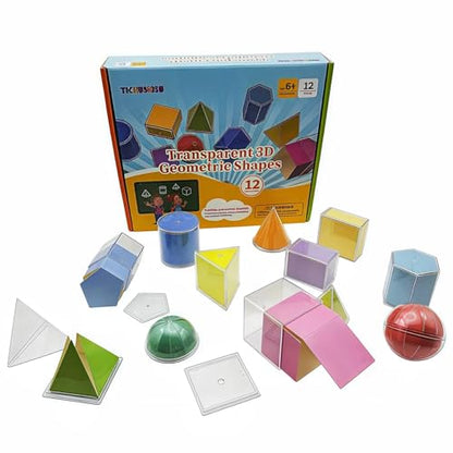 Geometric Solids 3D Shapes & 2D Folding Nets (1.96") 12+12 -Clear Math Manipulatives for Classroom & Homeschool -Thickened Durable Shapes with Smooth Edges,Teacher Supplies for Geometry, Volume & Nets