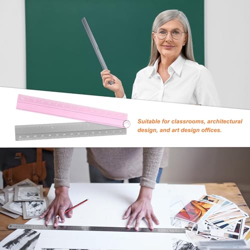 HARFINGTON Folding and Straight Ruler Kit 30/15cm Metric Aluminum Alloy Plastic Protractor Foldable Angle Ruler for Home Classroom Office, Pink-Silver - color: Pink-Silver