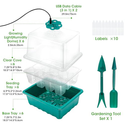 Seed Starter Tray with Grow Light, 6pcs Seed Starter Kits with Light and Adjustable Humidity Domes, Covers Height 3.9", Indoor Seedling Starter Plant Germination Trays (Green-Warm White)