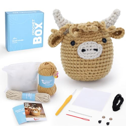 Crochet Kit for Beginners: Highland Cow Crochet Kit, Learn to Crochet, Include Easy Knitting Soft Yarn, Step-by-Step Video Tutorial, Hook, Holiday Birthday Gift for Adults and Teen(30%+ Yarn) - color: Yak