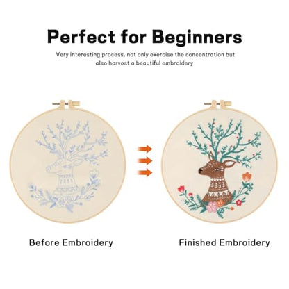 Beginner Deer Embroidery Kit for Adults, Pre-Printed with Video Tutorial - color: Deer