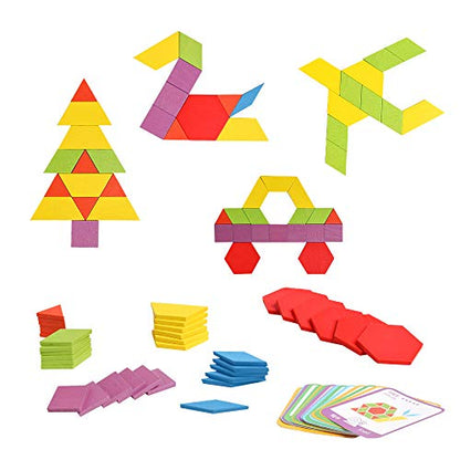 JCREN Wooden Pattern Blocks Montessori Toys Shape Puzzles Kindergarten Classic Educational Tangram Geometric Brain Teaser Toys Best STEM for Kids Ages 4-8 with 24 Pcs Cards (Pack of 2) - size: 155 PCS (Pack of 2)
