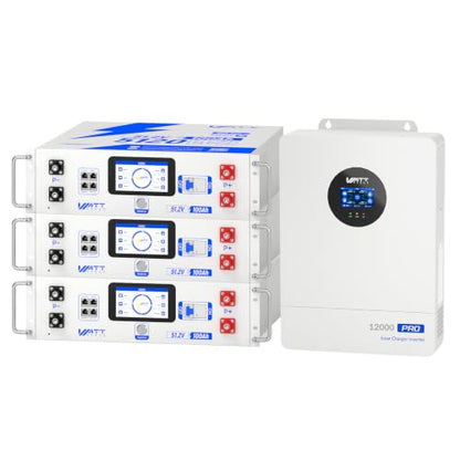 WattCycle Triple 48V 100Ah Server Rack Batteries with 12kW Solar Inverter - size: 48V 12kW Inverter & 3 Pack Server Rack Battery