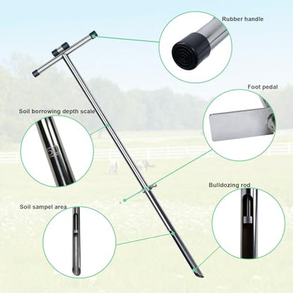 KAXIWEI 40 Inch Soil Sample Probe 304 Stainless Steel, Soil Sampler Probe Tubular with Ejector and Foot Pedal for Soil Sampling Plant Care/Garden/Agriculture/Golf Course/Farm - size: 40 Inch
