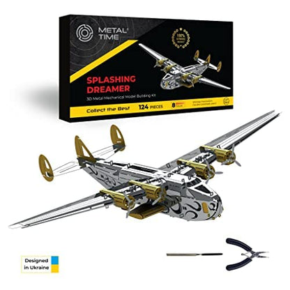 METAL-TIME Splashing Dreamer Artistic Design of Flying Boat Model, 3D Metal Airplane Model Mechanical Building Kit, Unique Wind-Up Moving Mechanism, Stainless Steel DIY kit with Toolbox - 124 Pieces.