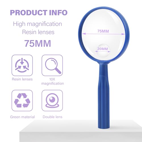 Lakei 10X Handheld Reading Magnifier Glass, Non-Slip Handle,75mm(Blue) - color: Blue, size: 75mm