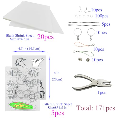 Heat Shrink Plastic Sheets Shrink Film Papers Kit Patterned Sheets Frosted Shrink Paper Sheet 171 PCS DIY Ornaments Keychains Making for Creative Art and Craft (8 x 5.7inch)