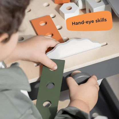 Kids Wooden Workbench, 61-Piece Tool Bench Set with Saw, Hammer, Spanner, Screwdriver, Nuts and Bolts, Chalkboard, Safety Goggles and Gloves, Construction Toy, Pretend Play, Boys, Girls Age 3+