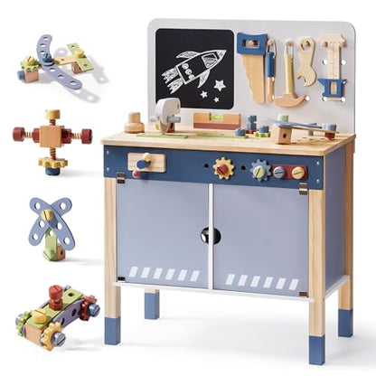 ROBOTIME Kids Wooden Tool Bench Set Large Storage Space Gift for Age 3+
