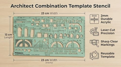 Printtoo 2 mm Thick Architect Combination Template Ruler, Transparent Green Acrylic Drafting Stencil with 1:50 Scale, Door, Bath, Furniture & Electrical Symbols for Architecture Design - color: Series-PRTD-2422A