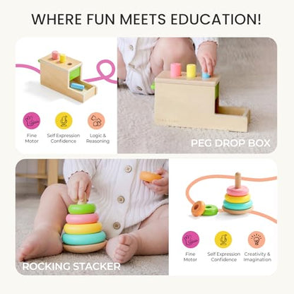 Tiny Land Montessori Toy Set for Babies 1 Year Old Thinker Play Kit- 5-in-1 Wooden Learning Toys with Peg Drop Box, Rocking Stacker, Egg Cup, Canister Set, and Crinkle Bag - style: 10-12M Educational Box