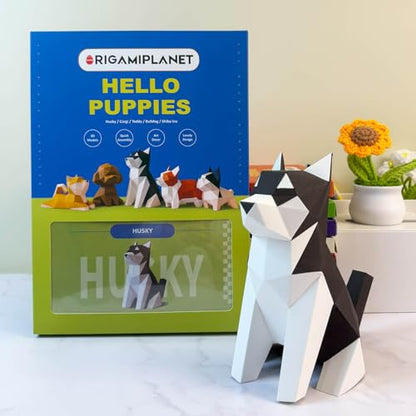 Husky 3D Origami Paper Craft Kit, Easy DIY Pre-Cut Dog Paper Sculpture Model for Adults, Cute Animal Handmade Home Decor Papercraft Gift Set for Beginners