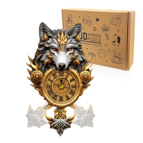 3D Puzzles for Adults Wooden Wolf Puzzle Clock Adult Crafts - color: Wolf Clock