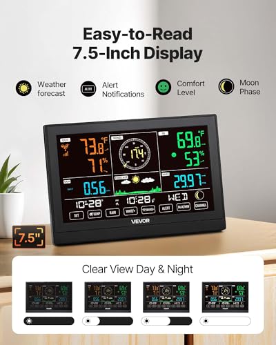 VEVOR 5-in-1 Wireless Weather Station, 7.5-Inch VA Display, Solar Powered Outdoor Sensor, Rain Gauge, Indoor Outdoor for Weather Forecast, Temperature, Humidity, Wind Speed and Direction (No WiFi) - style: Modern